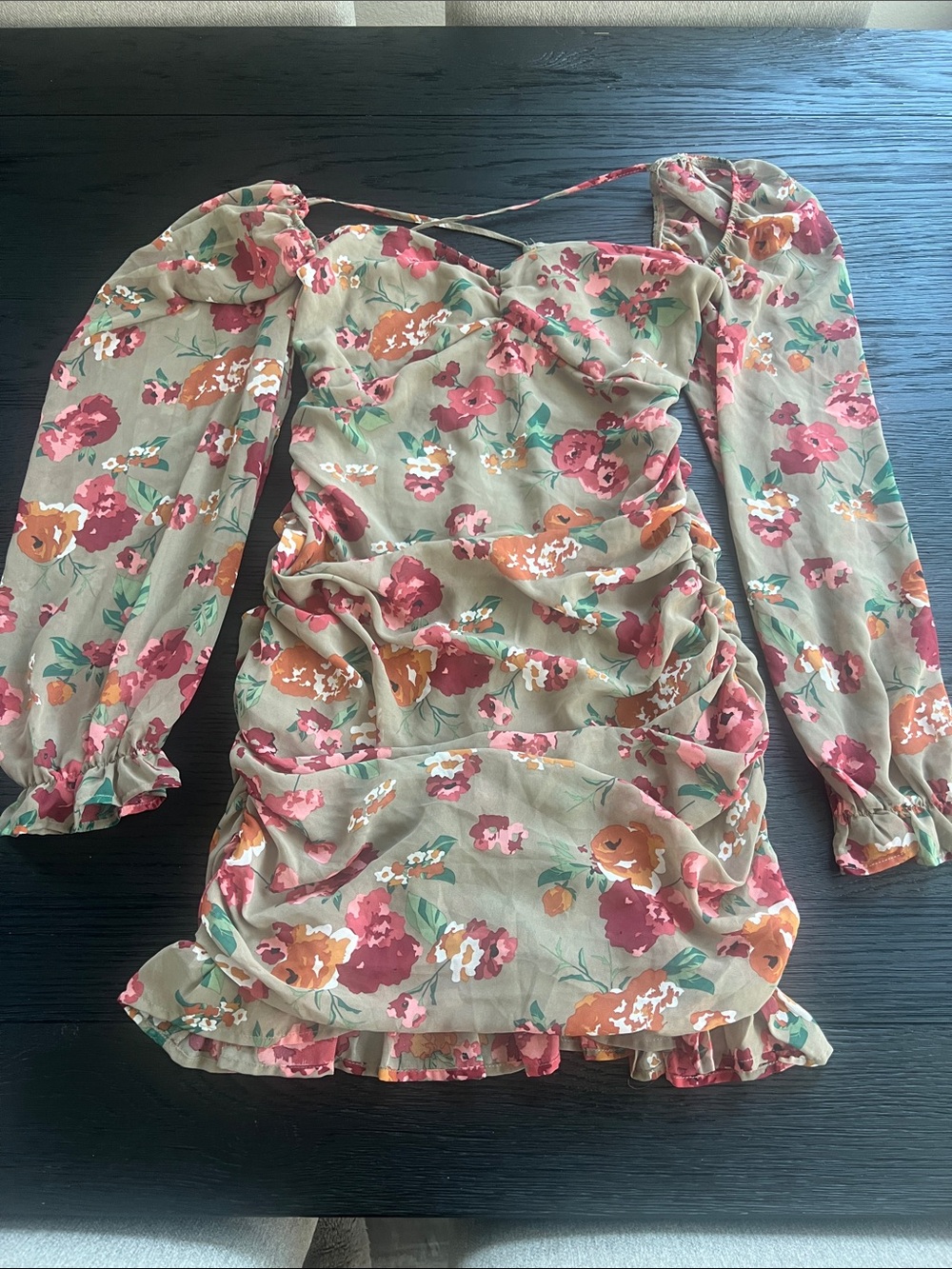 Floral Ruffle Long-Sleeve Womens Dress in Beige and Pink